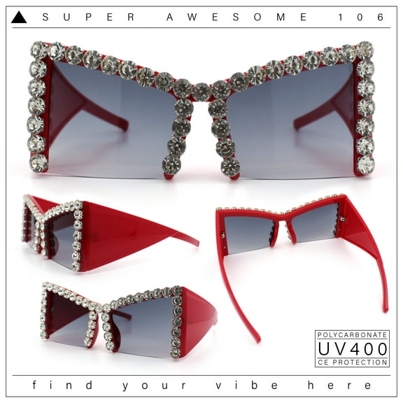 Womens Large Rhinestone Bold Angular Squared Rectangle Plastic Sunglasses Red - Smoke