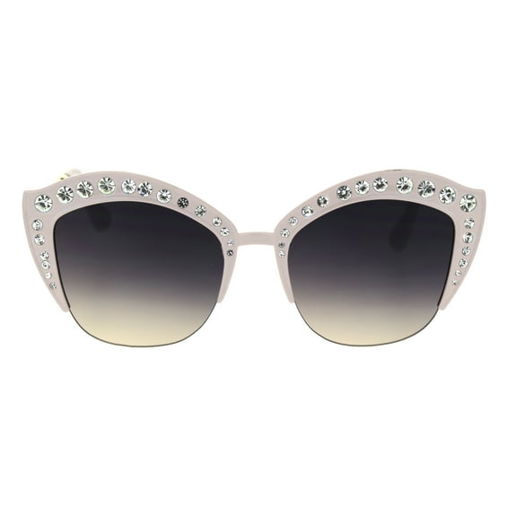 Womens Large Rhinestone Iced Out Half Rim Cat Eye Plastic Sunglasses Beige Smoke