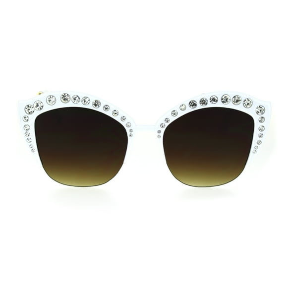 Womens Large Rhinestone Iced Out Half Rim Cat Eye Plastic Sunglasses White Brown