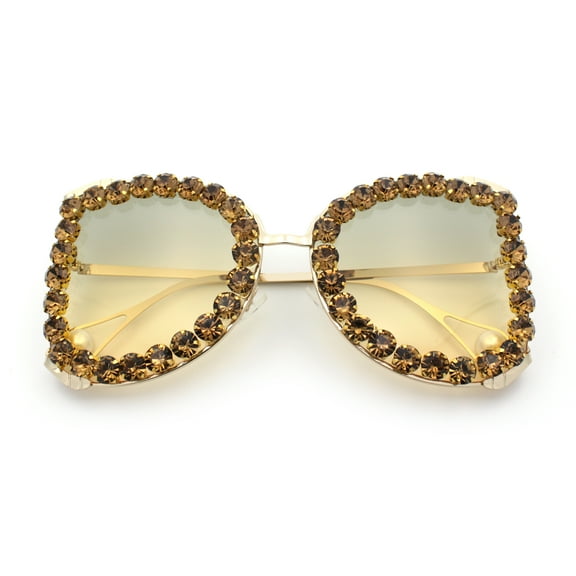 Womens Large Rhinestone Show Light Rim Trim Metal Rim Butterfly Sunglasses Gold - Black Yellow