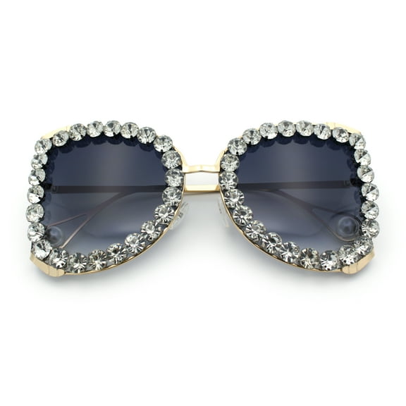 Womens Large Rhinestone Show Light Rim Trim Metal Rim Butterfly Sunglasses Gold Clear - Smoke