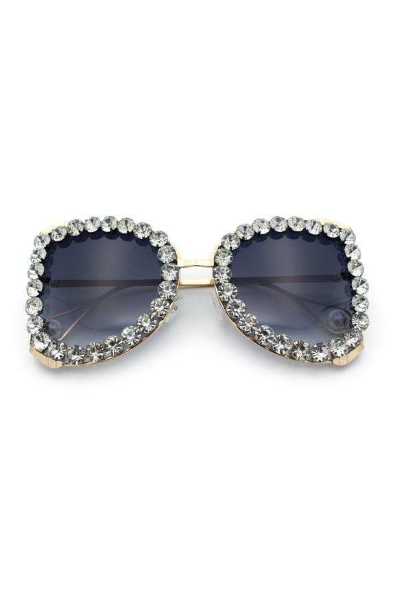 Womens Large Rhinestone Show Light Rim Trim Metal Rim Butterfly Sunglasses Gold Clear - Smoke