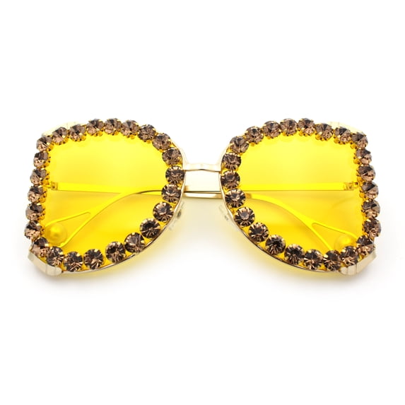 Womens Large Rhinestone Show Light Rim Trim Metal Rim Butterfly Sunglasses Gold Pink - Yellow