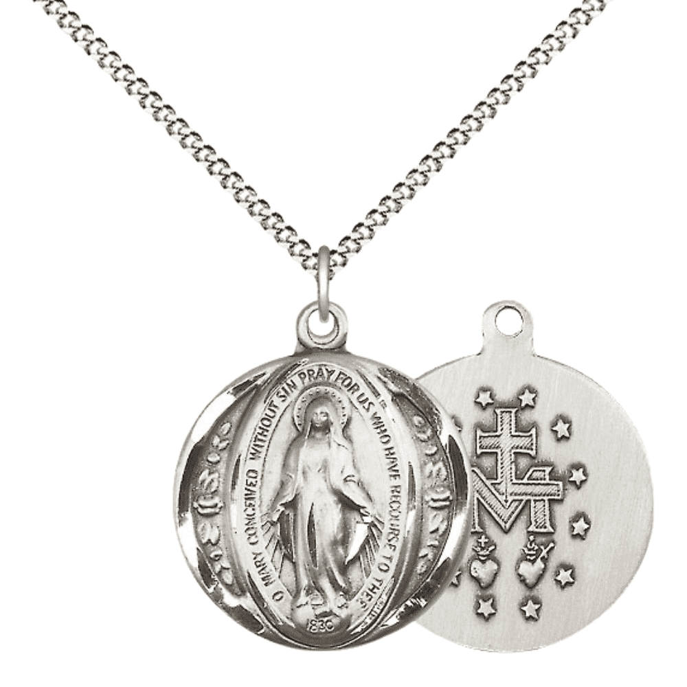 Womens Large Round Pewter Miraculous Medal Pendant on 18 inch Rhodium Plated Lite Curb Brass Chain with Lobster Claw Clasp, Catholic Religious Necklace -Made in USA- Deluxe Velvet Gift Box