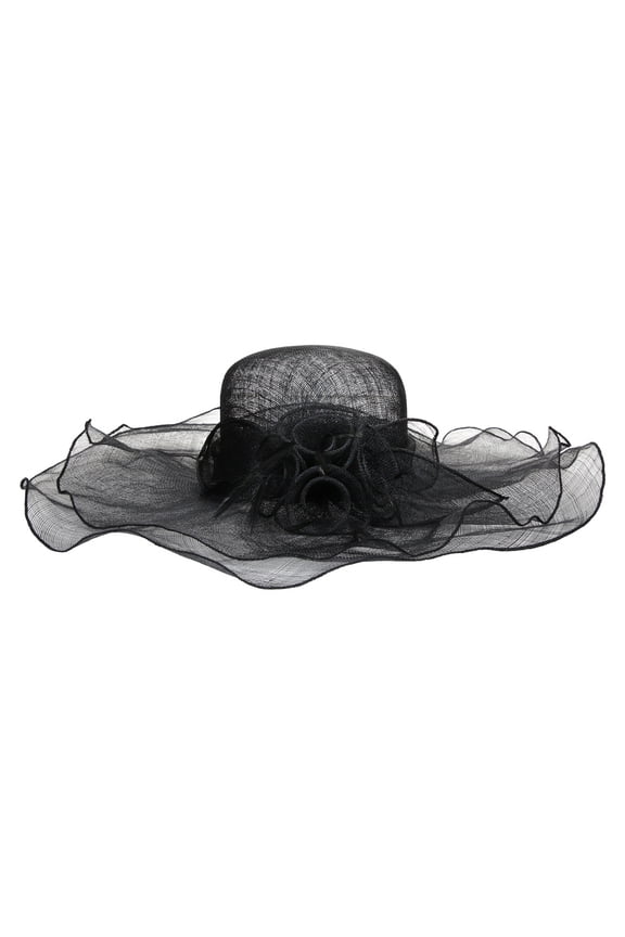 Womens Large Ruffle Edged Floppy Brim Sinamay Sun Hat - Black