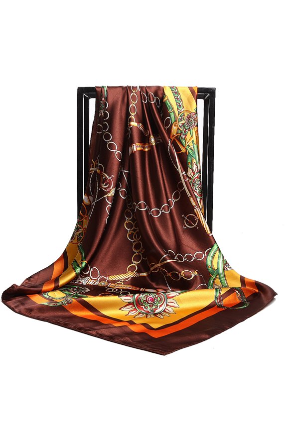 Womens Large Satin Square Scarf Silk Feeling Hair Wrapping Gift Designer Scarf 35x35 Inches - coffee