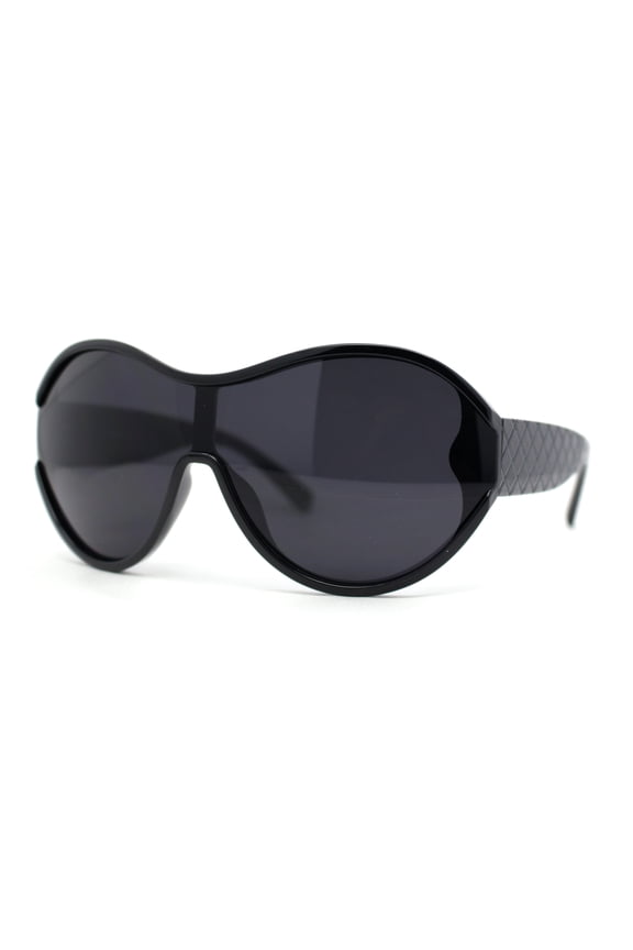 Womens Large Shield Round Elegant Designer Diva Sporty Plastic Sunglasses All Black