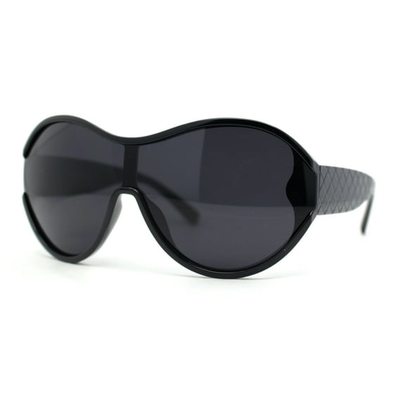 Womens Large Shield Round Elegant Designer Diva Sporty Plastic Sunglasses All Black