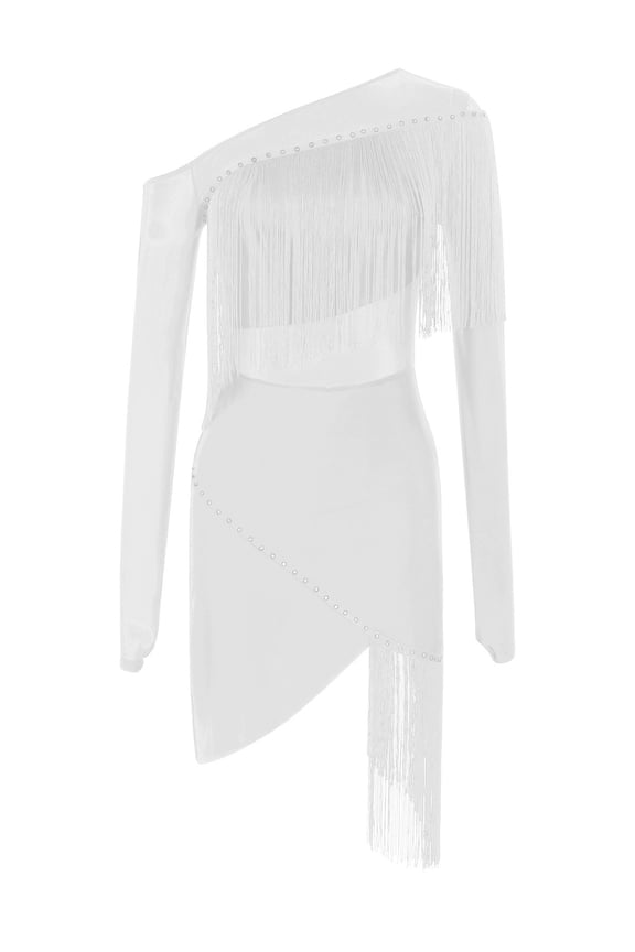 Womens Latin Tango Dance Dress Female Cha-Cha Samba Fringed Dancewear Sheer Mesh Long Sleeve Irregular Competition Dresses