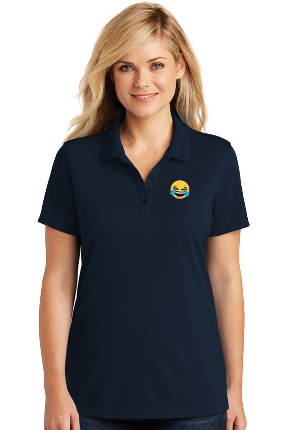 Womens Laughing Tears Emoji Patch Moisture-Wicking Polo Shirt, Extra-Small River Blue