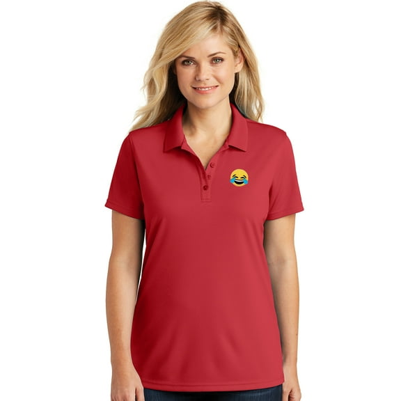 Womens Laughing Tears Emoji Patch Moisture-Wicking Polo Shirt, Small Rich Red