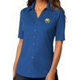 thumbnail image 1 of Womens Laughing Tears Emoji Patch Upscale Button-Down Stretch Shirt, 2XL True Blue, 1 of 5