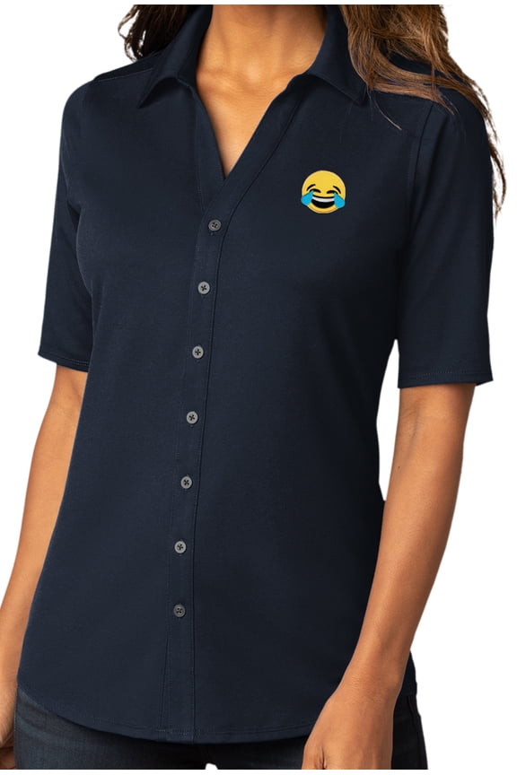 Womens Laughing Tears Emoji Patch Upscale Button-Down Stretch Shirt, XL River Blue