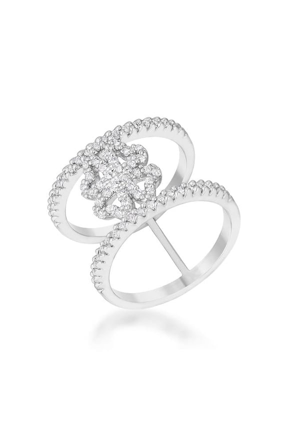 Womens Lauren 0.4 CT Cubic Zirconia Rhodium Delicate Clover Wrap Ring - Size 7