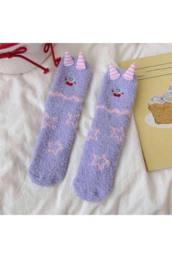 Womens Lavender Fuzzy Monster Socks with 3D Horns, Cute Plush Crew Socks, Cozy Novelty Gift Socks for Women,Size Free Size