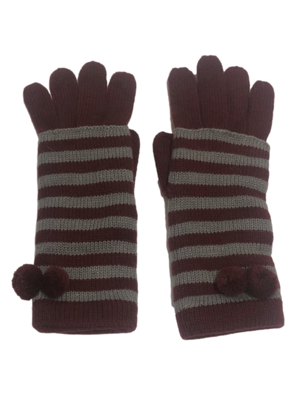 Womens Layered Burgundy Maroon & Gray Striped Knit Gloves
