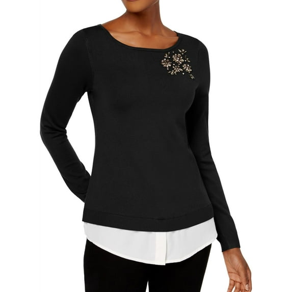 Womens Layered-Look Brooch Pullover Sweater