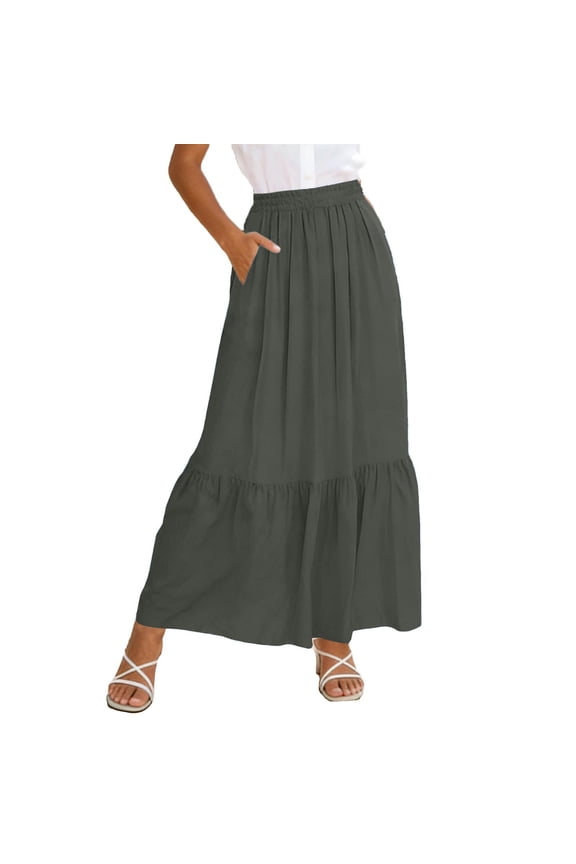 Womens Layered Mesh Maxi Skirt High Elastic Waist Pleated A-Line Skirts Summer Flowy Long Skirt with Pocket