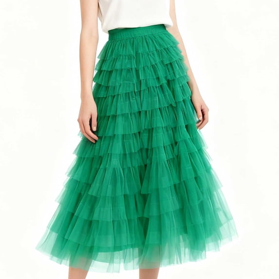 Womens Layered Mesh Skirt Elastic Waist Ruffle Tiered Tulles Midi Skirts Green S