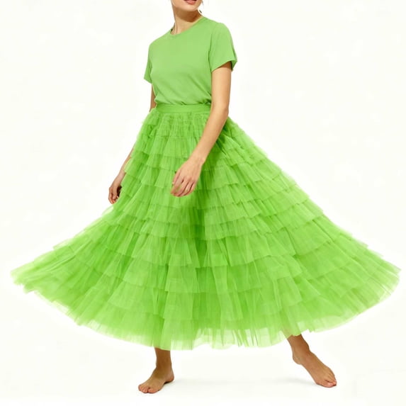 Womens Layered Mesh Skirt Elastic Waist Ruffle Tiered Tulles Midi Skirts Green XXL