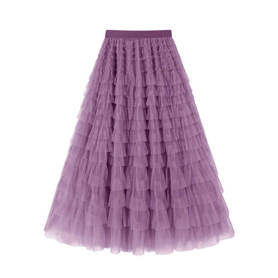 Womens Layered Mesh Skirt Elastic Waist Ruffle Tiered Tulles Midi Skirts Purple M