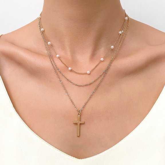 Womens Layered Pearl Cross Pendant Necklace Alloy Elegant Multi Layer Gold Fashion Jewelry