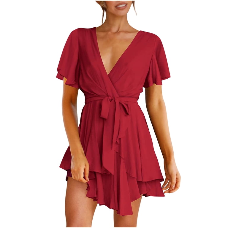 Womens Layered Ruffle Hem Dress Solid Color Deep V Neck Zipper Back  Sundress Tunic Tie Waist Ruffle Short Sleeve Mini Dresses - Walmart.com
