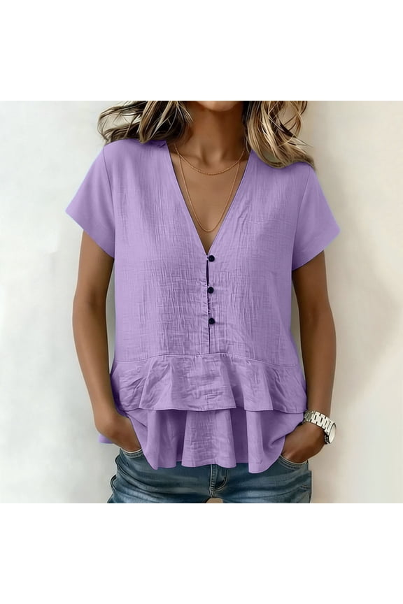 Womens Layered Ruffle V-Neck Blouse, Button Front Short Sleeve Peplum Summer Linen Tops Purple L