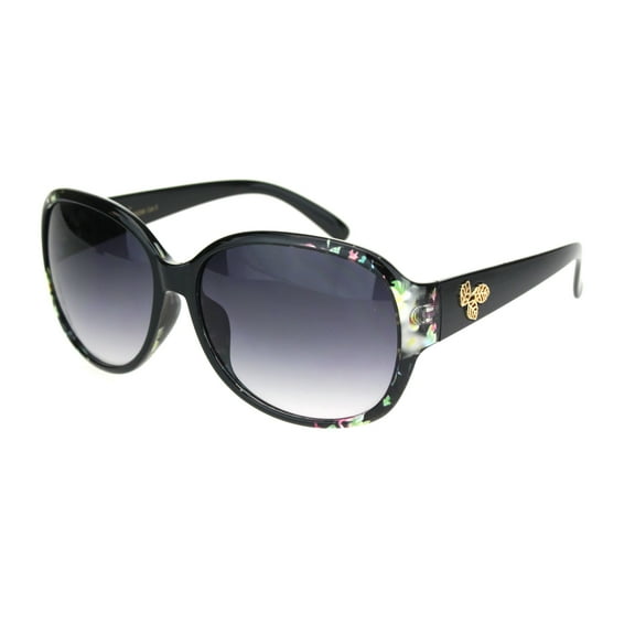 Womens Leaf Emblem Round Butterfly Designer Plastic Sunglasses Black Flower Smoke