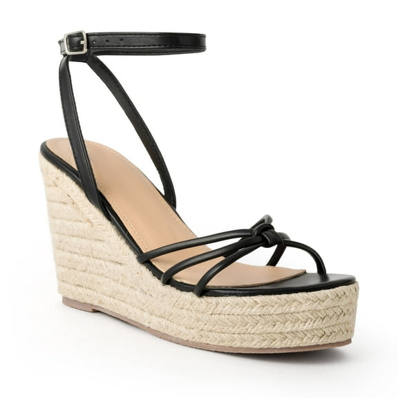 Elecsop Heels, Comfortable Elegantes Espadrille Wedges Heels for Women Open Toe Heel Sandals, Leather Ankle Strap Platform Heels for Wedding Prom Party Holiday, Black