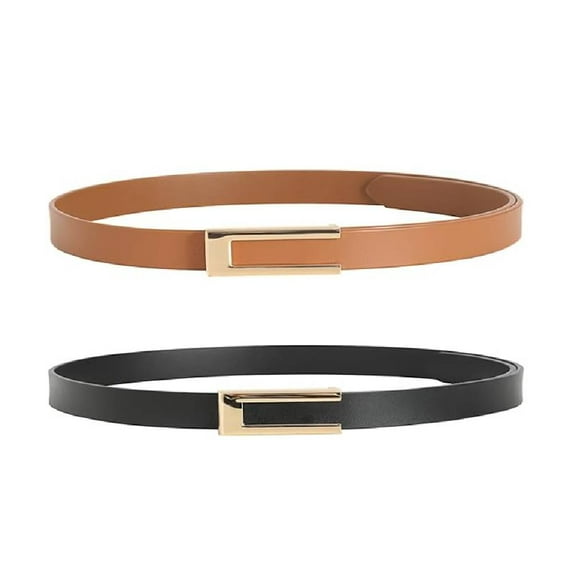 Womens Leather Belt Skinny Waist Belt for Dresses Jeans Pants with Gold Buckle