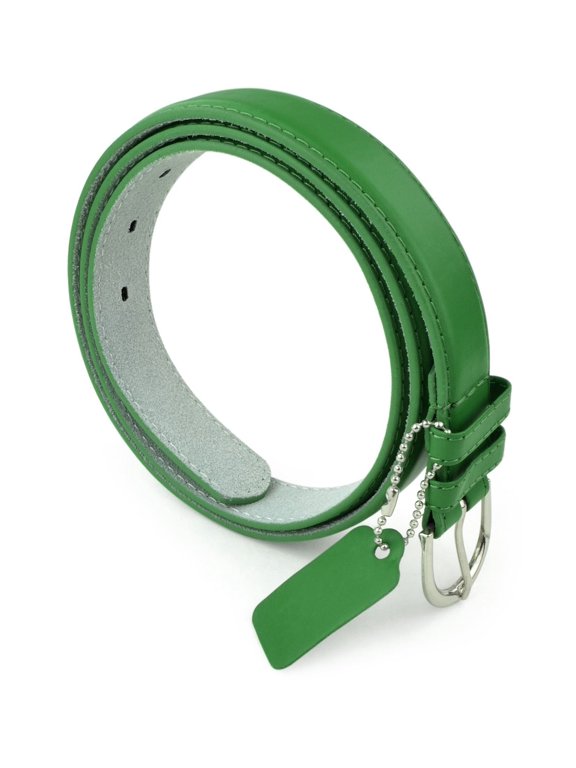Womens Leather Belt - Solid Color Basic Pu Bonded Leather Dress Belt - Silver Polished Belt Buckle by Belle Donne - KellyGreen Medium