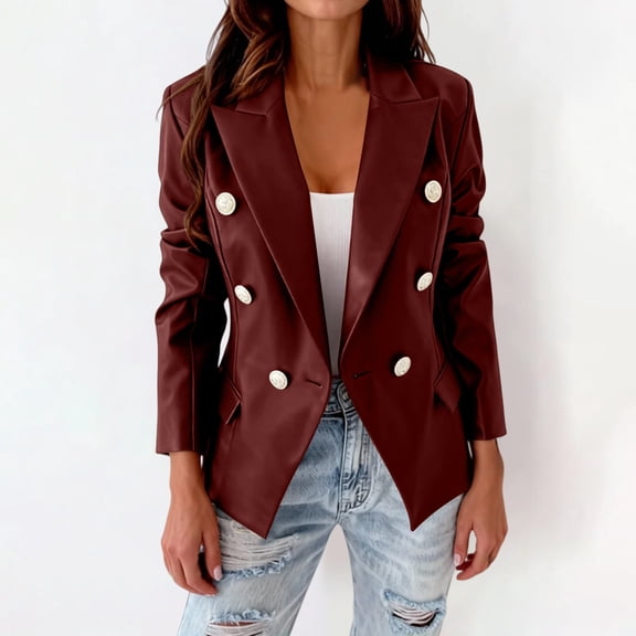Womens Leather Blazer Long Sleeve Coat Style Double Breasted Fancy Buttons Jackets for Women Leather