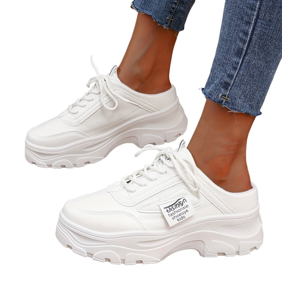 Womens Leather Chunky Mules Lightweight Lace up Platform Sneakers Breathable Casual Tennis Footwear Comfy Walking Shoes White Size 5.5