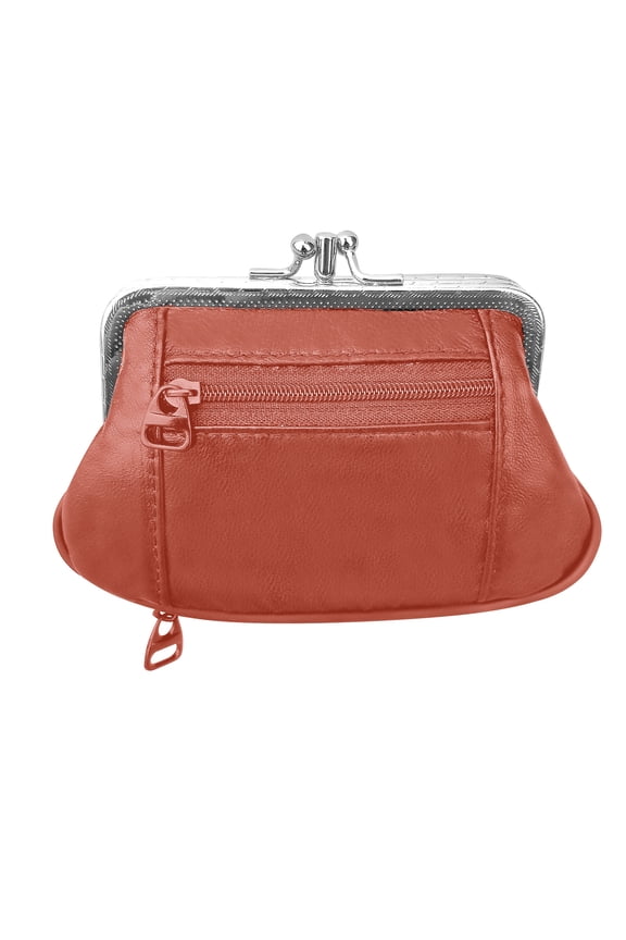 Womens Leather Coin Purse Mini Wallet Metal Frame Credit Card Case, New By Improving Lifestyles (LIGHT BROWN)