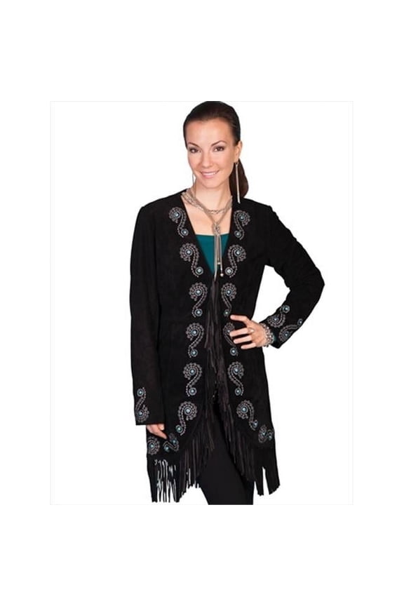 Womens Leather Fringe Embroidered Suede Coat - Black Boar Suede, XXL