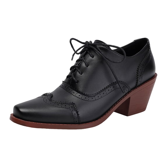 Womens Leather Heel Lace Up Dress Heel Work Shoes For Ladies