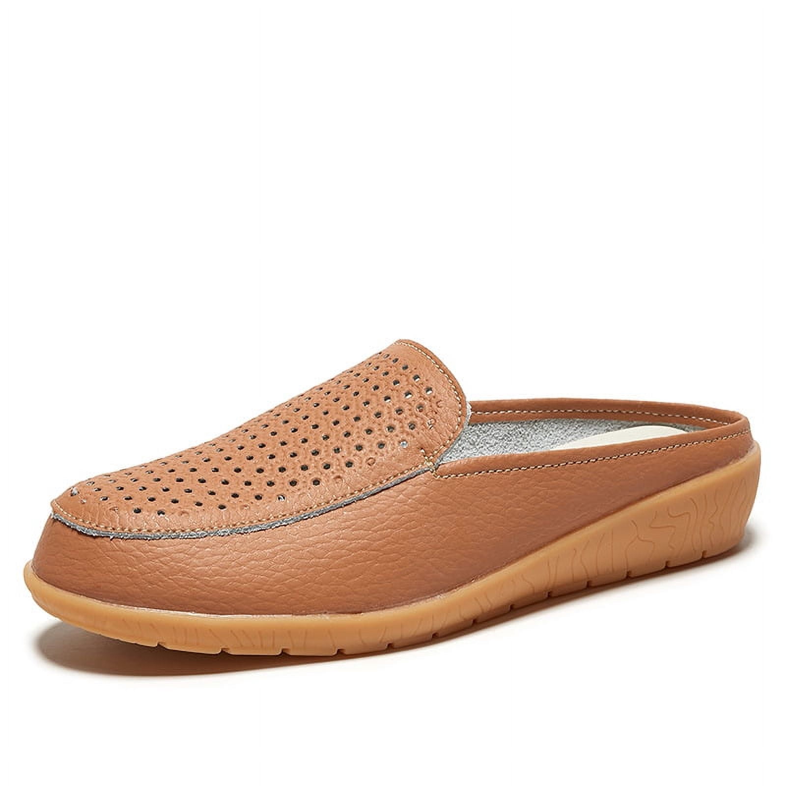 Womens Leather Hollow SlipOn Lightweight Flat Mules Closed Round Toe