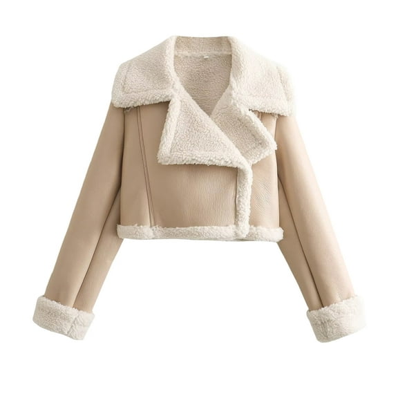 Womens Leather Jacket Faux Fur Moto Jacket Winter Trench Coat Cropped Shearling Jacket Beige L