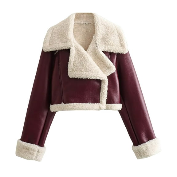 Womens Leather Jacket Faux Fur Moto Jacket Winter Trench Coat Cropped Shearling Jacket Chestnut Red S