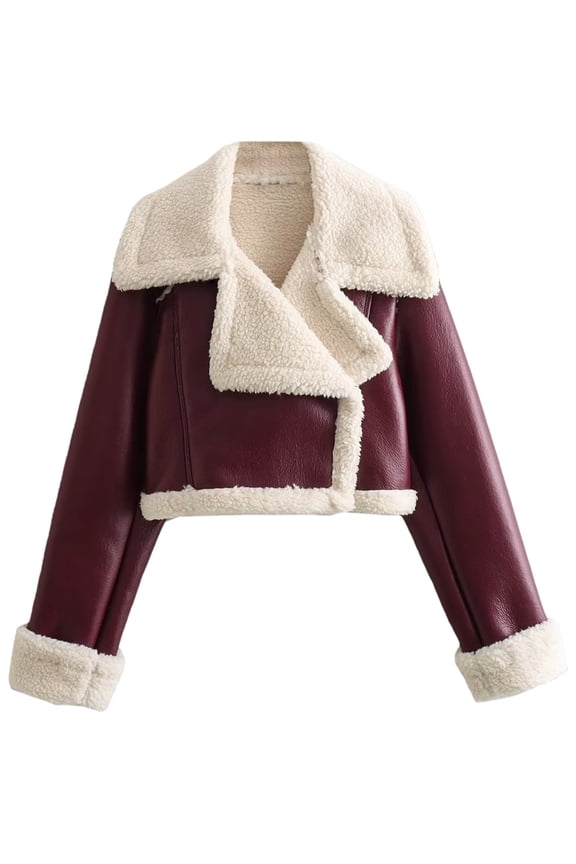 Womens Leather Jacket Faux Fur Moto Jacket Winter Trench Coat Cropped Shearling Jacket Chestnut Red S