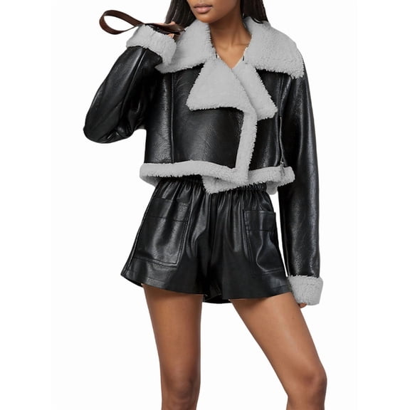 Womens Leather Jacket Faux Fur Moto Jacket Winter Trench Coat Cropped Shearling Jacket Gray L