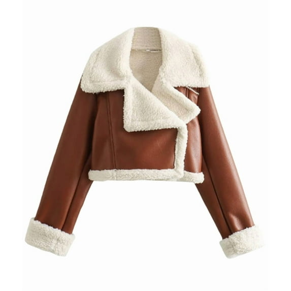 Womens Leather Jacket Faux Fur Moto Jacket Winter Trench Coat Cropped Shearling Jacket Light Coffee S