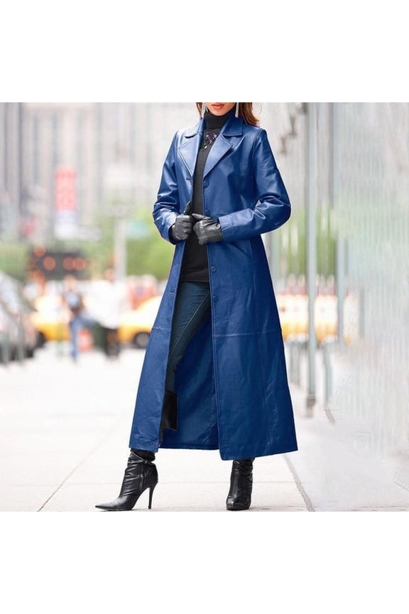 Womens Leather Jacket Trendy Notch Lapel Button Down Maxi Long Trench Coat Motorcycle Full Legnth Jackets And Plain Women Women Casual Suede Lightweight Soft Jacket Women Vest plus Casual Jacket