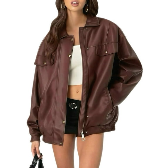 Womens Leather Jackets Faux Suede Fall Motorcycle Coats Fashion Winter Outfits Clothes Y2k Tops Coffee Color M