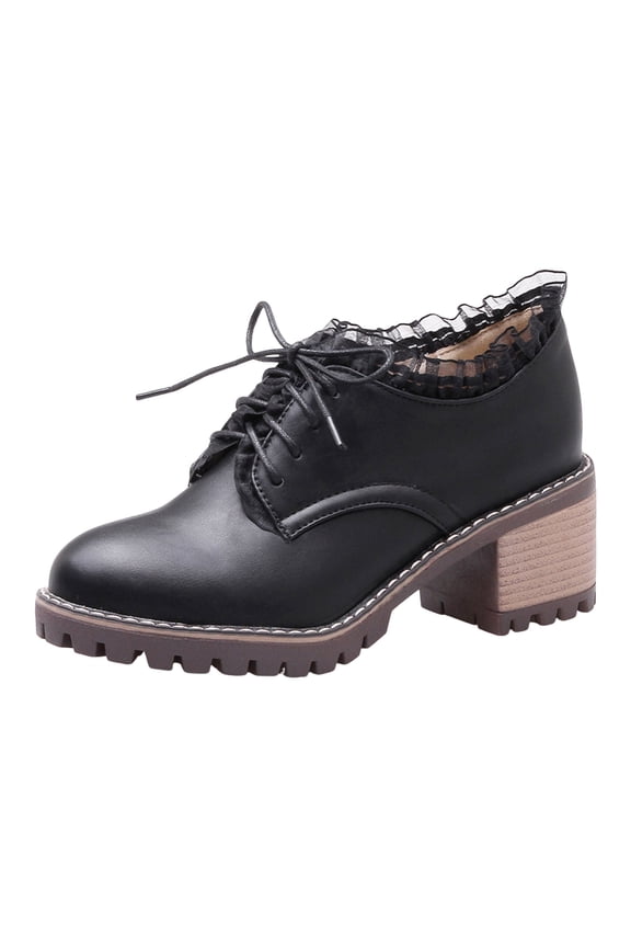 Womens Leather Lace Up Ankle Boots Chunky Heel Short Combat Booties Fashion Lace Platform Boots