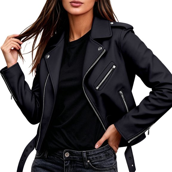 Womens Leather Moto Biker Jackets Vintange Y2K Asymmetric Zip Coats with Belt Lapel Long Sleeve Casual Fall Streetwear Outerwear