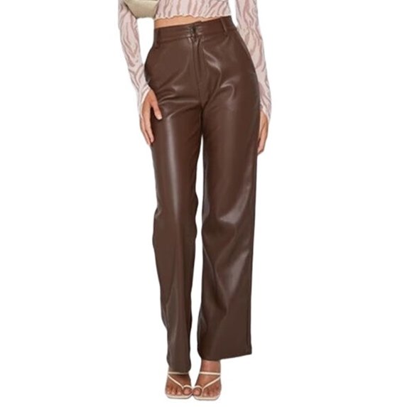 Womens Leather Pants - High Waist Faux Leather Straight Leg Bell Bottom Flare Pants Brown S