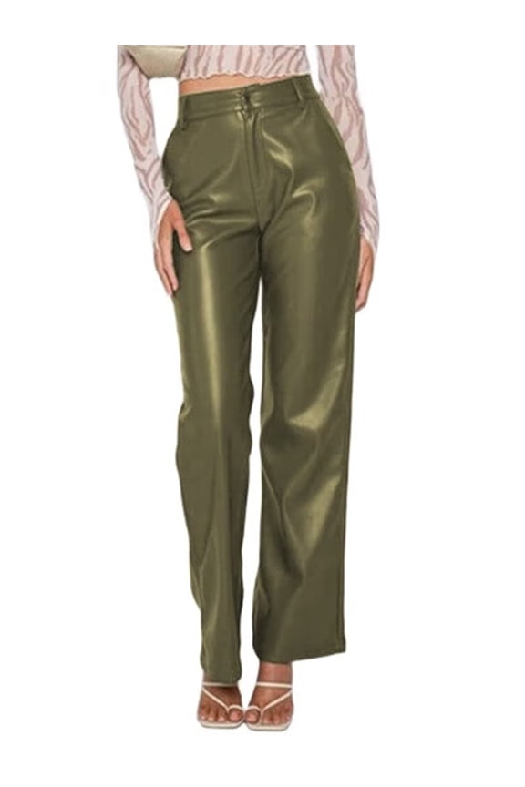 Womens Leather Pants - High Waist Faux Leather Straight Leg Bell Bottom Flare Pants Green L