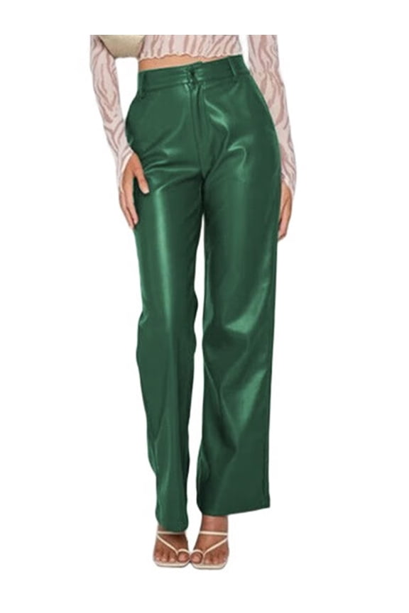 Womens Leather Pants - High Waist Faux Leather Straight Leg Bell Bottom Flare Pants Green S